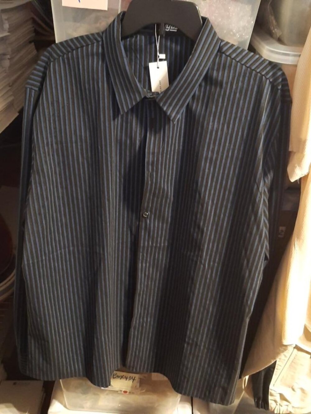 NEW TAG ! Jogal Long Sleeve Satin Striped Black/Blue Button Down Shirt Size XL